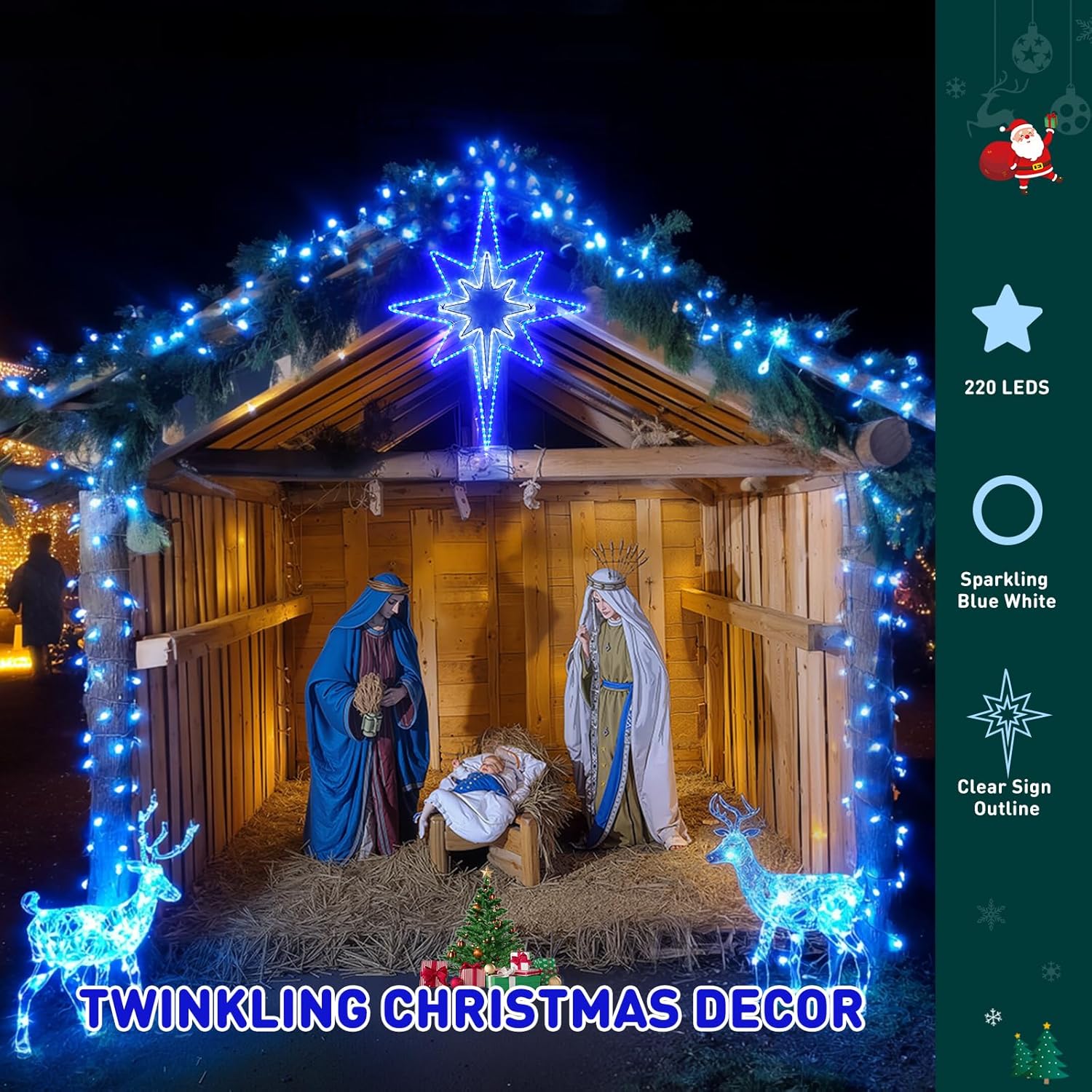 Nativity scene with twinkling Christmas lights and decorations on a dark background