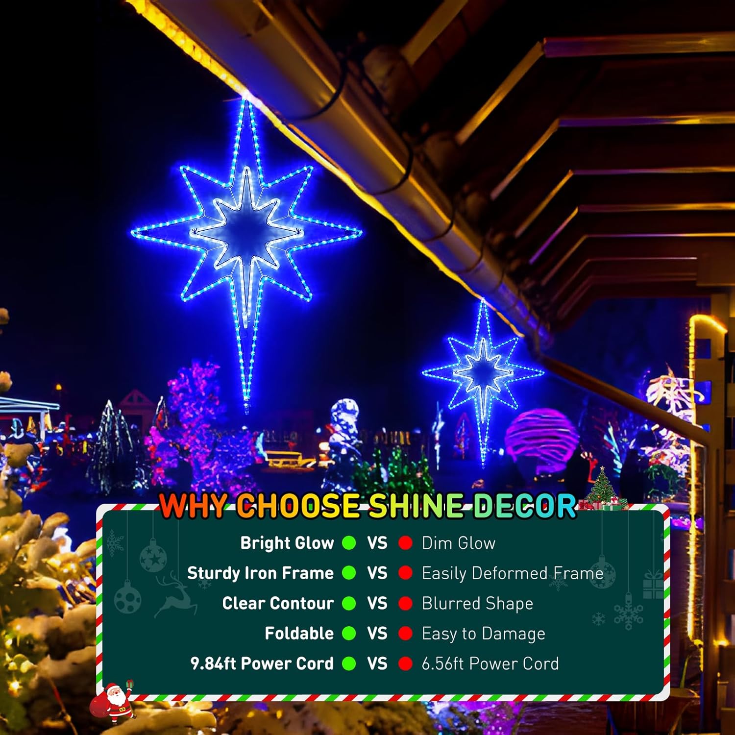 Decorative Christmas lights with a star-shaped light and text overlay about choosing Shine Decor.