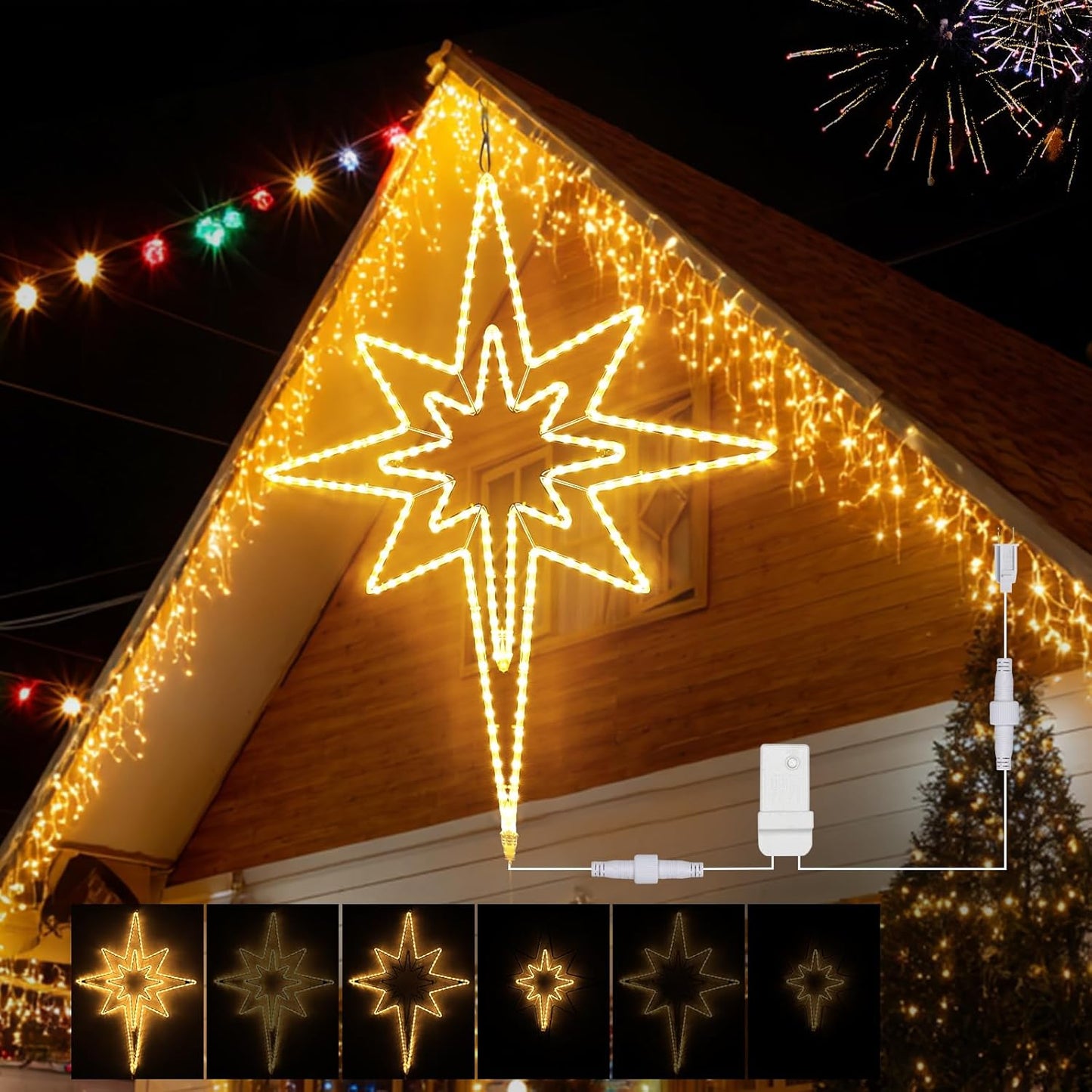 Decorative star-shaped light fixture on a house exterior with fireworks in the background.