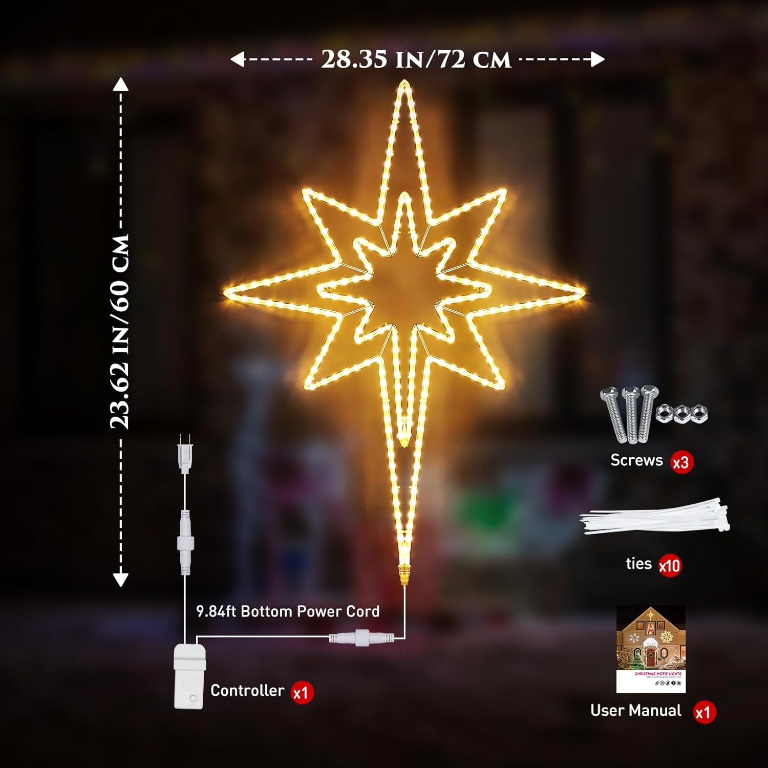 Decorative star light with measurements and included items on a dark background