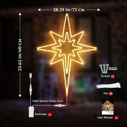 Decorative star light with measurements and included items on a dark background