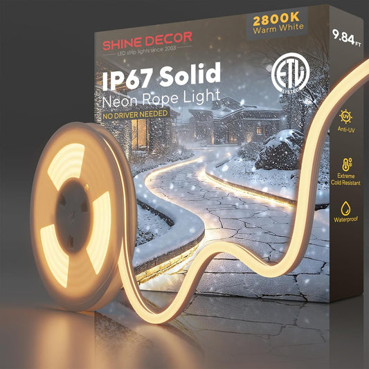 Shine Decor Outdoor LED Neon Rope Light, IP67 Waterproof Solid Silicone Enclosed Lighting Strip, ETL Listed Durable for -40F Extreme Cold Weatherproof, 120V No Driver Plug&Play 10ft 2800K Warm White