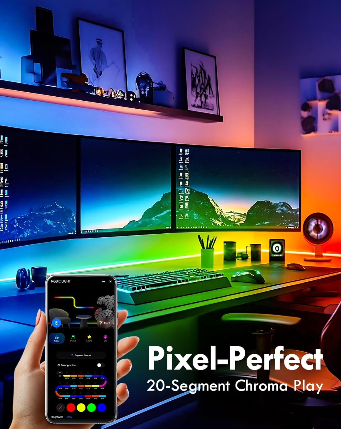 Modern home office setup with multiple monitors, a keyboard, and a smartphone displaying color options.