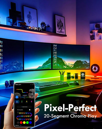 Modern home office setup with multiple monitors, a keyboard, and a smartphone displaying color options.