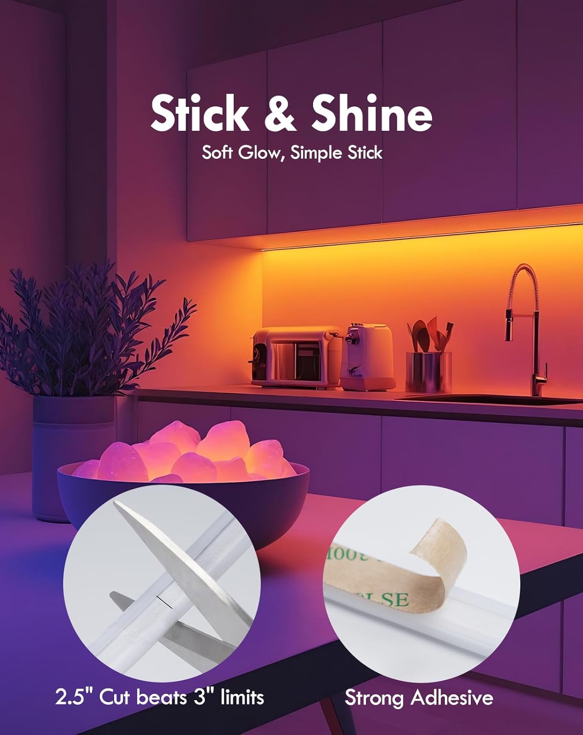 Kitchen scene with 'Stick & Shine' product application, showing cut length and adhesive strength.