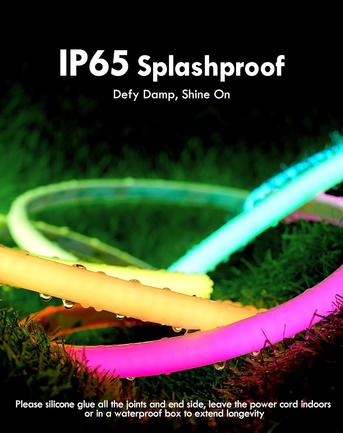 Glowing green and pink power cord on grass with 'IP65 Splashproof' text.