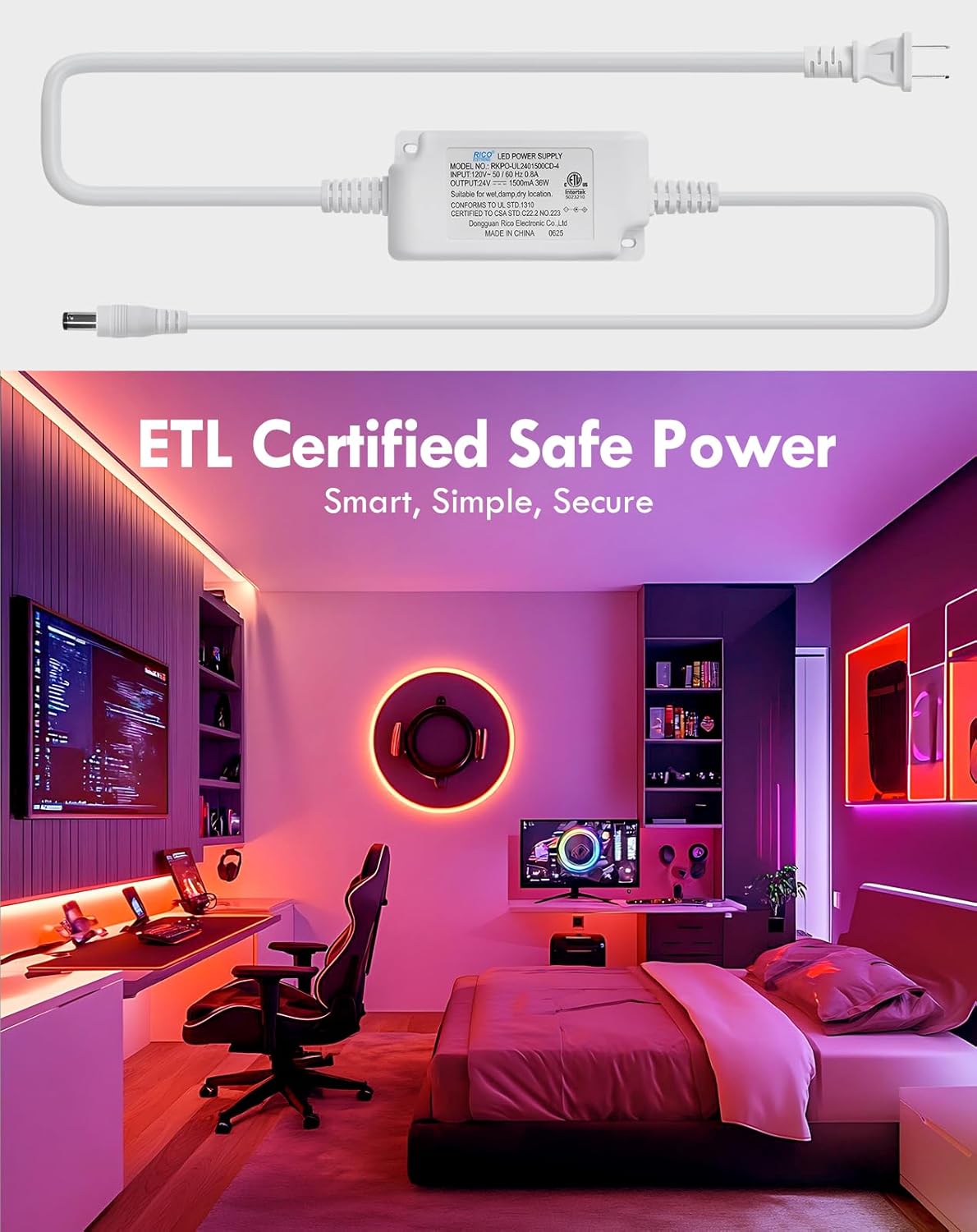 ETL Certified Safe Power adapter with a bedroom setup featuring LED lighting.