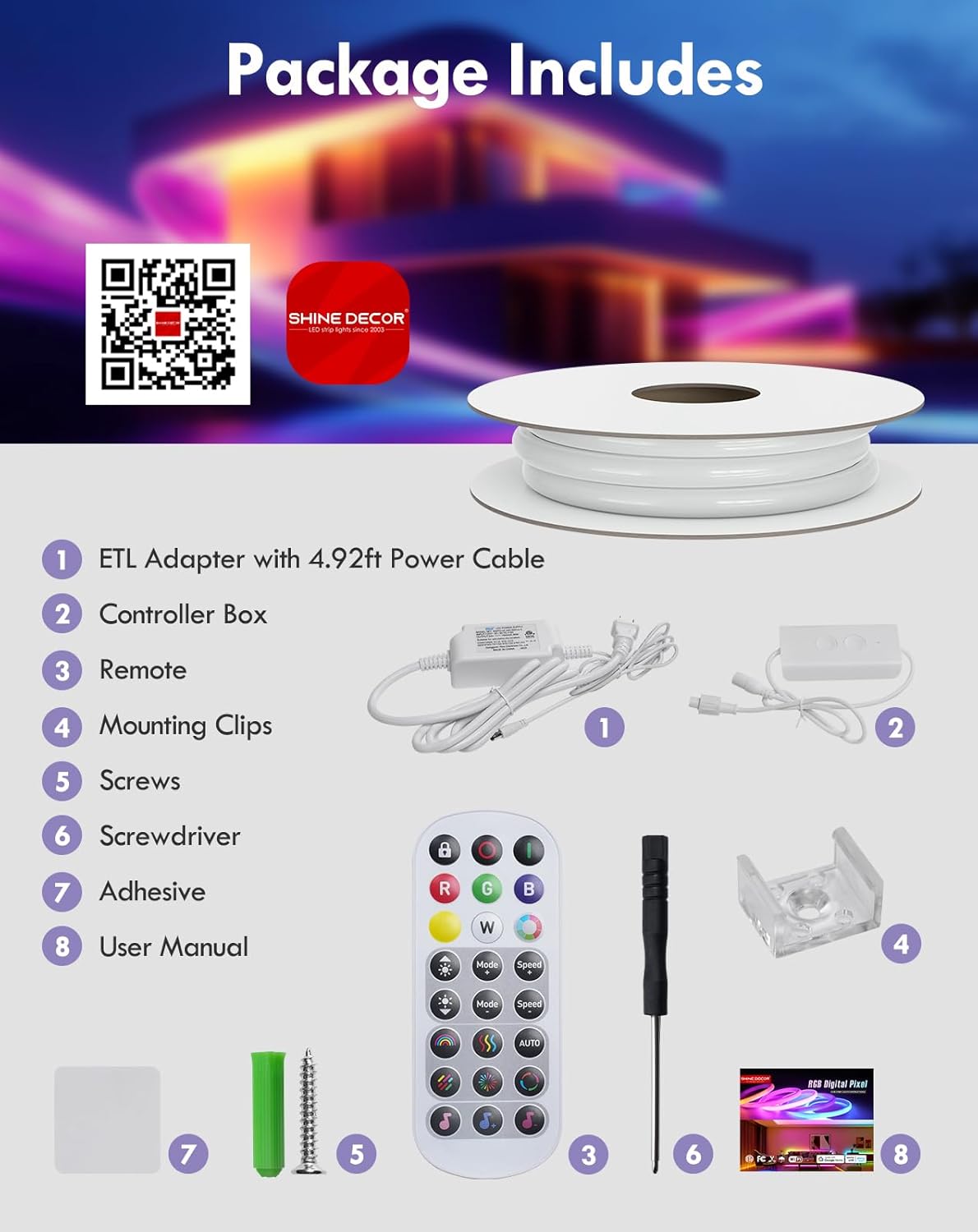 Shine Decor LED strip light package with components and a house illuminated with LED lights in the background.