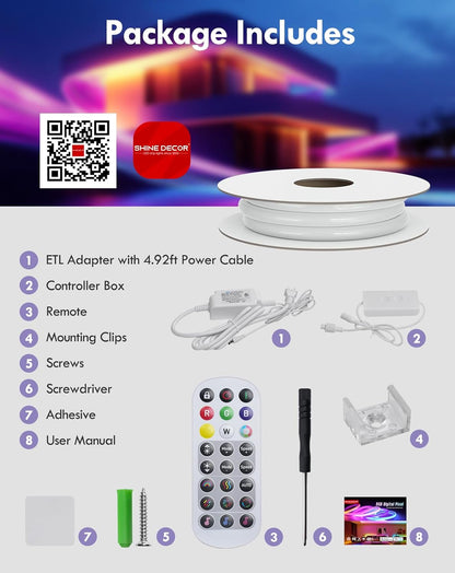 Shine Decor LED strip light package with components and a house illuminated with LED lights in the background.