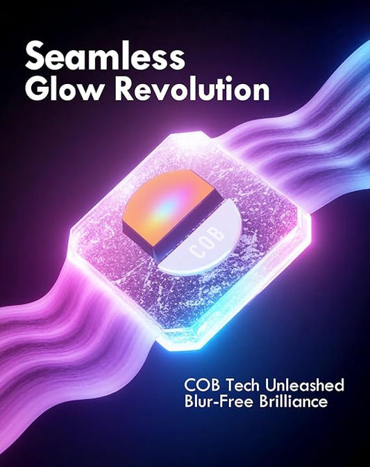 Glowing LED component with colorful waves and text 'Seamless Glow Revolution' on a dark background