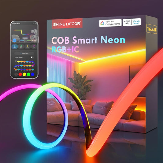 Shine Decor COB Smart Neon RGB+IC packaging with smartphone app and neon lights on a dark background