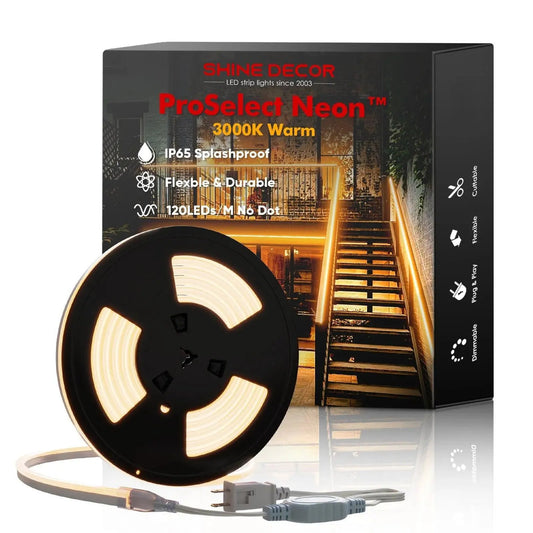 ETL Listed 3000K warm white LED neon rope light uniform glow with 120LEDs/M density, cut at 1.6ft intervals for a cozy living room accent