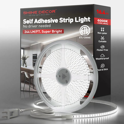 ETL-listed 6000K cool white COB LED strip light 3.9-inch cut marks with peel & stick adhesive, installed under kitchen cabinets