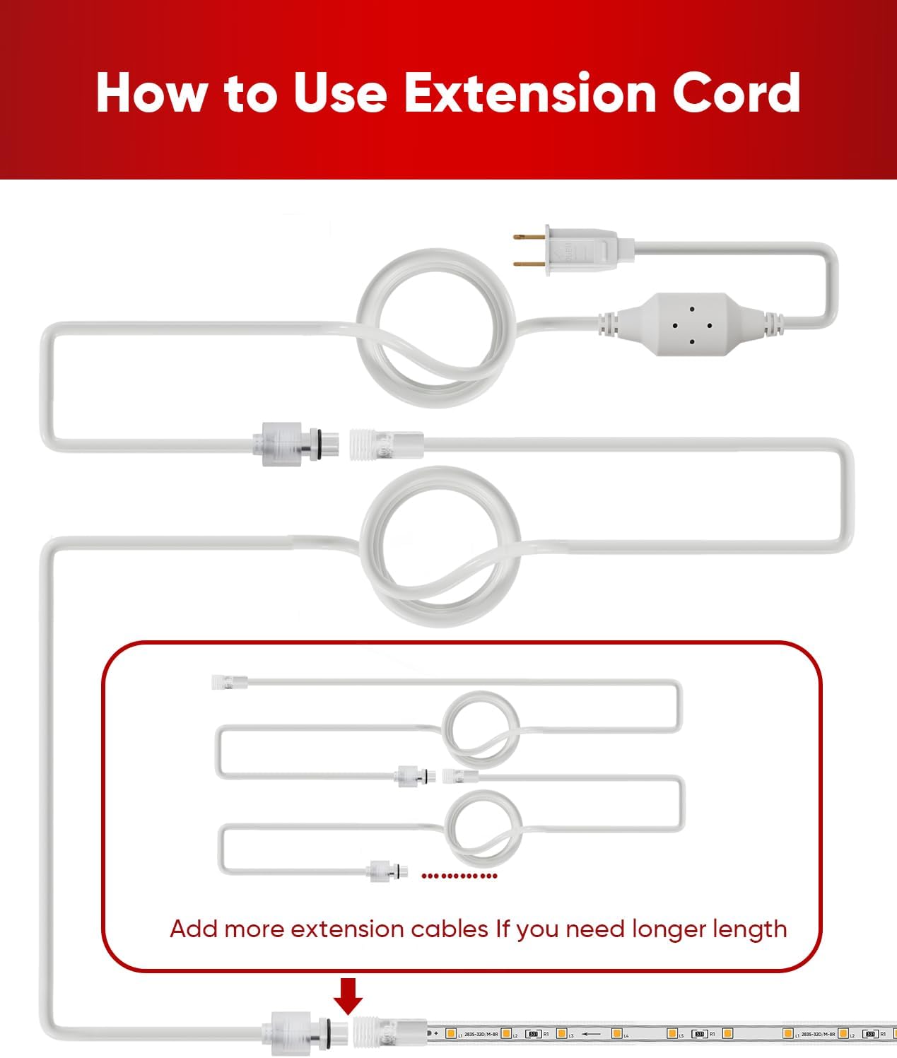 Male-to-Female 10FT Extended Power Cord Wire for LED Neon Rope Lights LED Strip Lights - Shine Decor