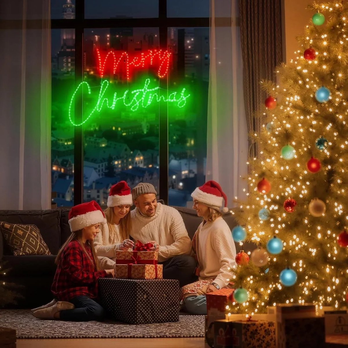 Motif Sign Red and Green Merry Christmas Sign, Plug in Motif Christmas Light - Shine Decor