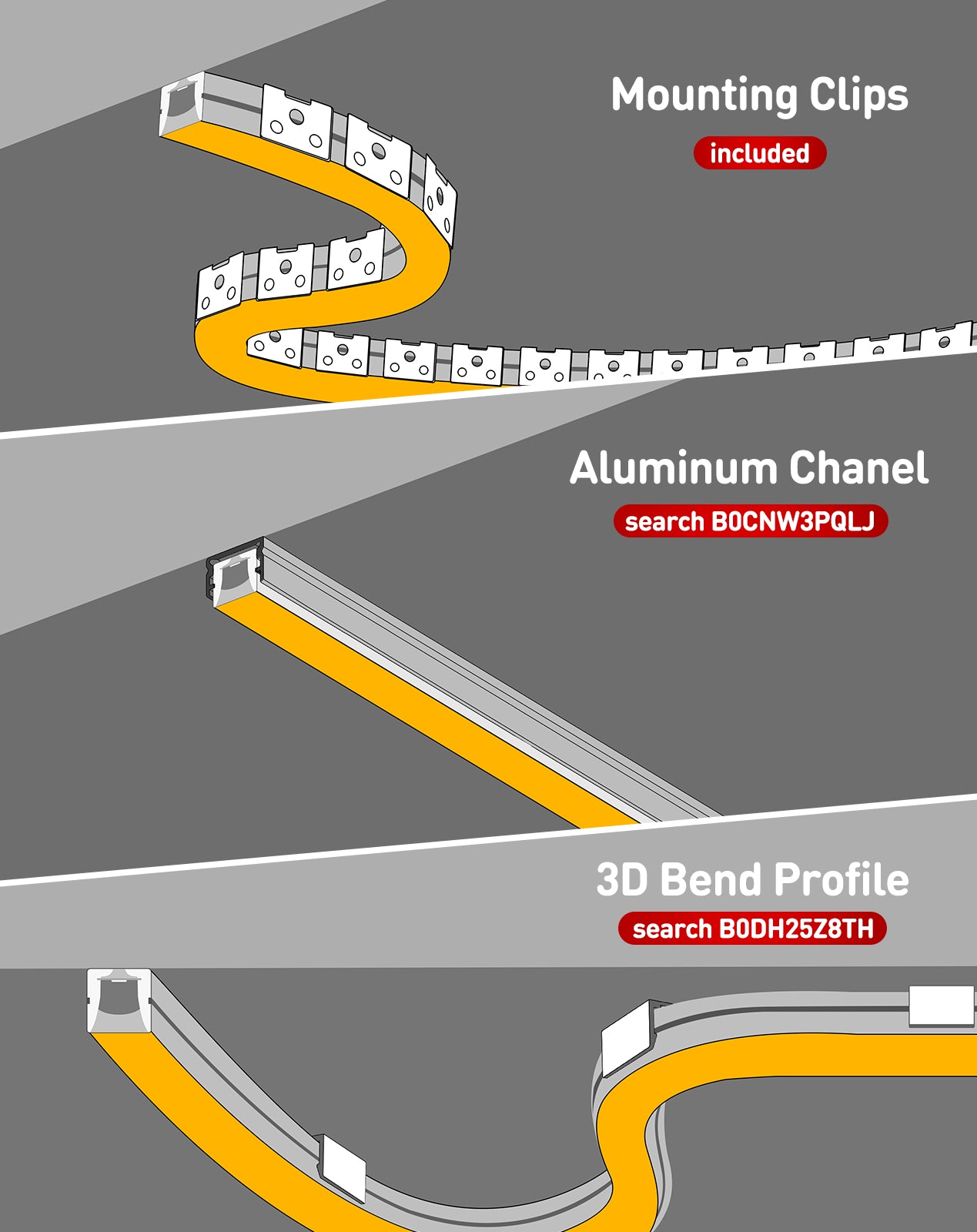 6000K cool white Neon Flex bent in 3D directions (top & side) with uniform glow, no darkspots