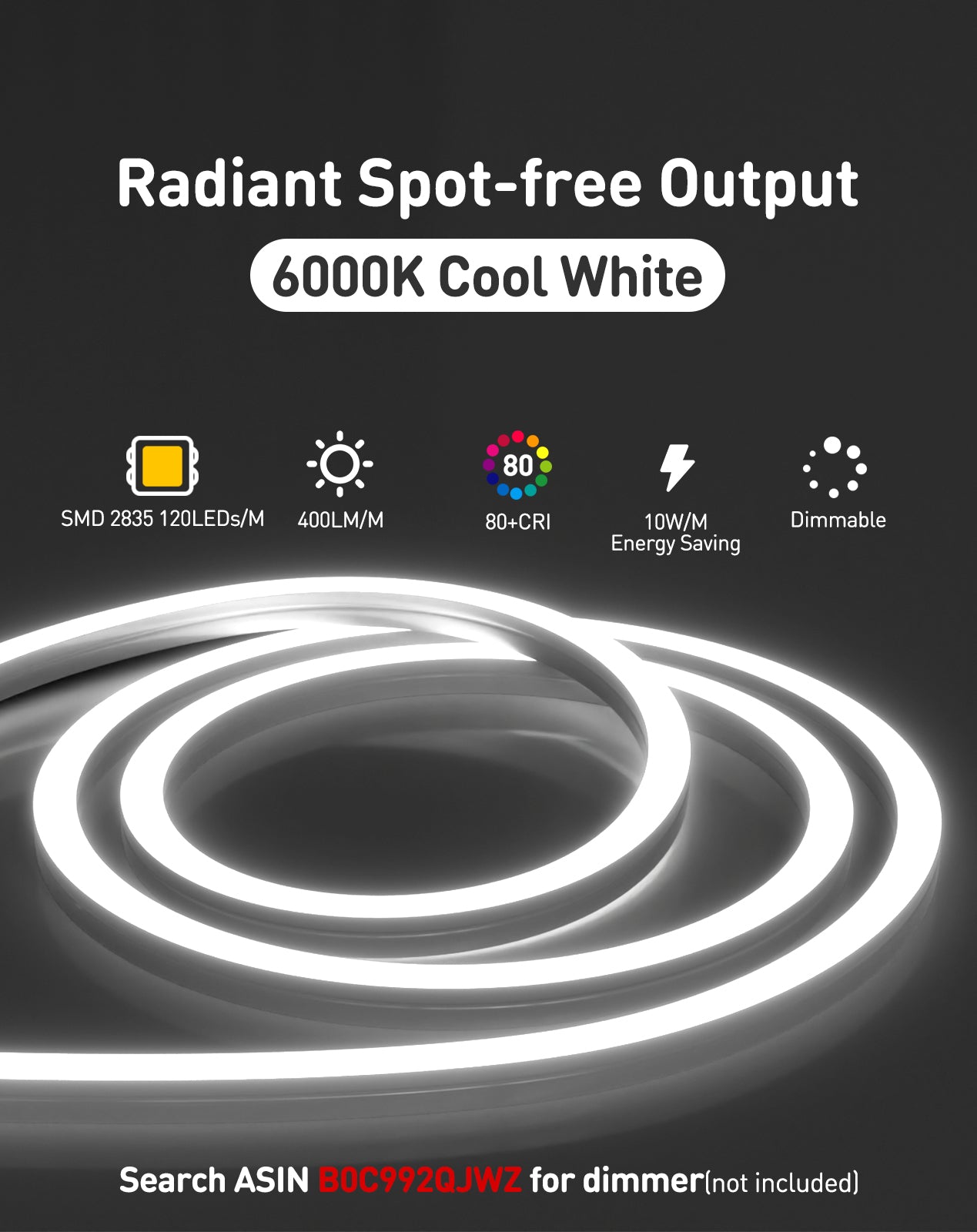 6000K cool white Neon Flex bent in 3D directions (top & side) with uniform glow, no dark spots