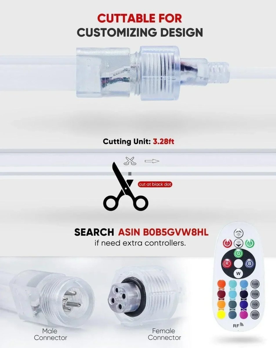 120V Eco RGB LED Neon Rope Light, IP65 Long Lasting Bright Remote Control - Shine Decor