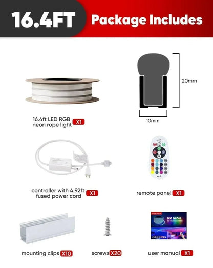 120V Eco RGB LED Neon Rope Light, IP65 Long Lasting Bright Remote Control - Shine Decor