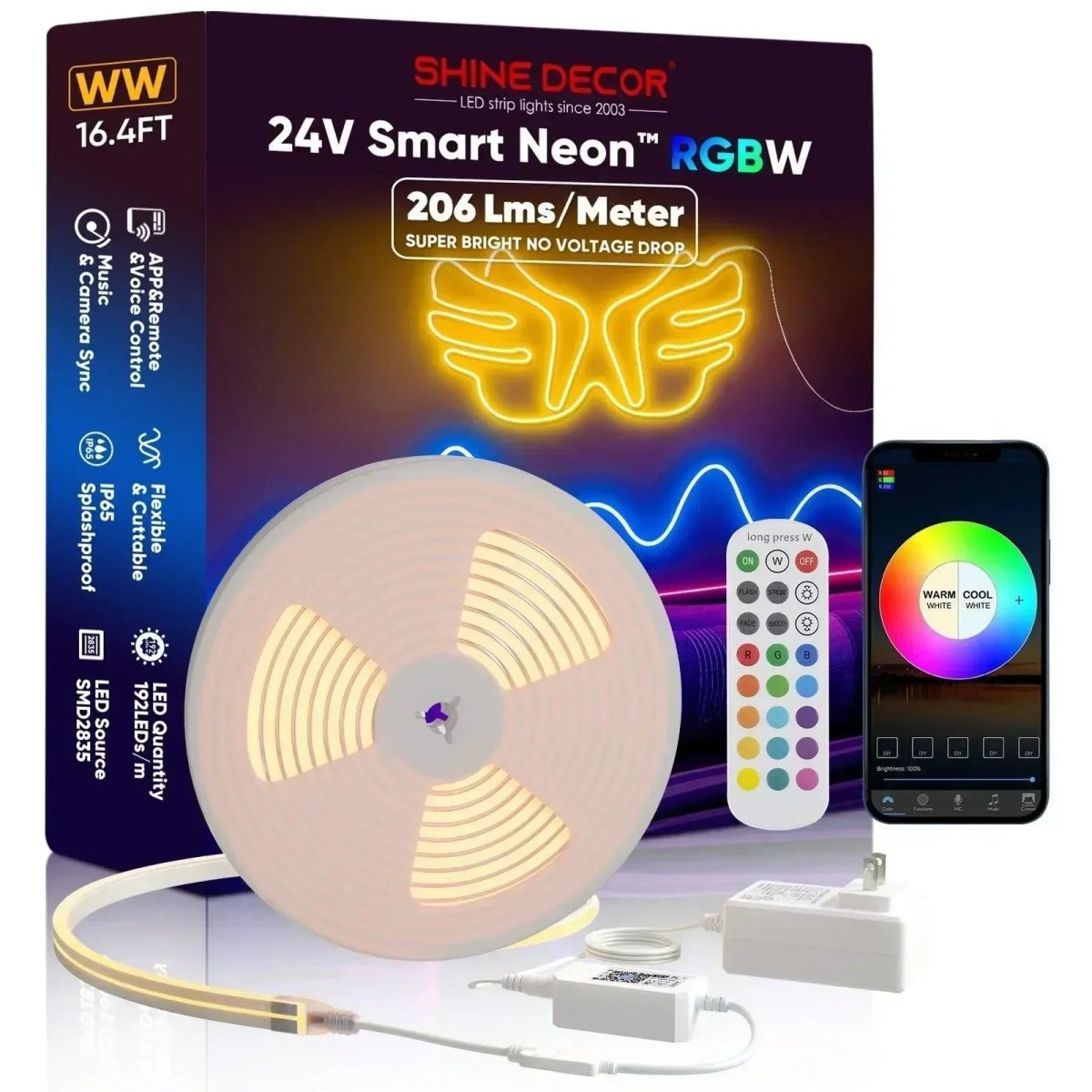 24V Smart RGBW LED Neon Rope Light- Hands Free Control 16FT - Shine Decor
