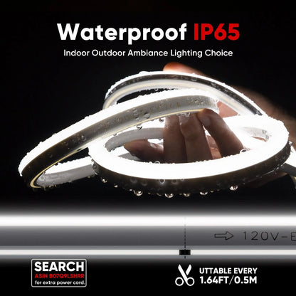 ETL-listed 6500K cool white LED neon rope light with uniform glow, cut at 1.6ft intervals for a retail shelf display.